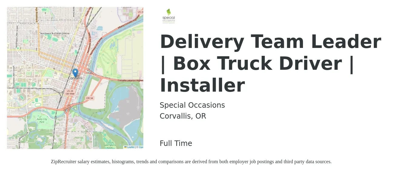 Special Occasions job posting for a Delivery Team Leader | Box Truck Driver | Installer in Corvallis, OR with a salary of $18 Hourly with a map of Corvallis location.