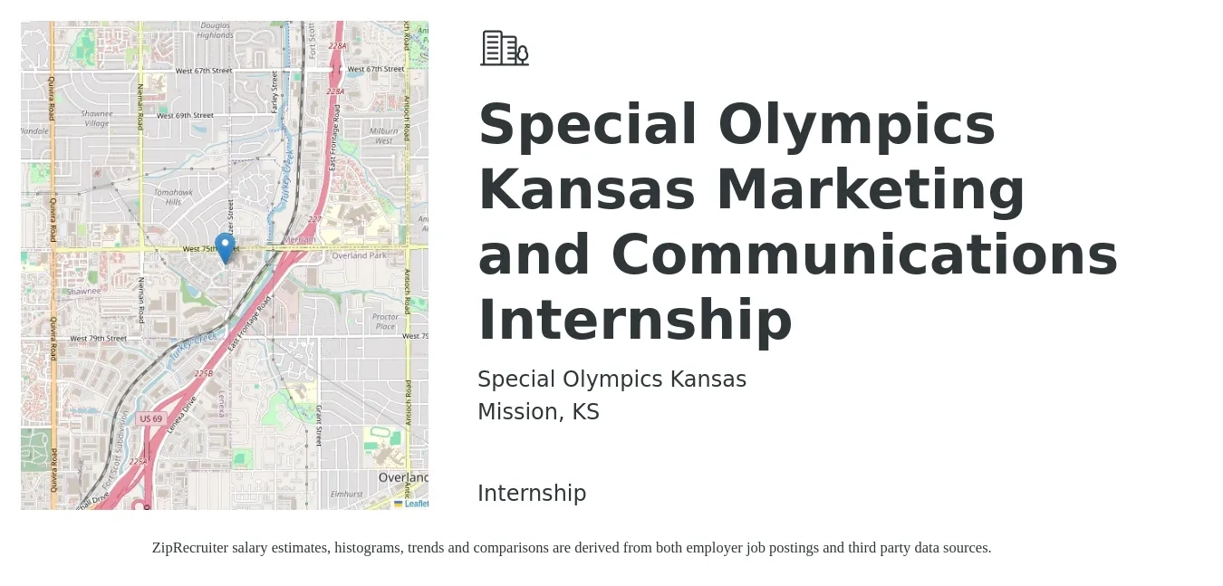 Special Olympics Kansas job posting for a Special Olympics Kansas Marketing and Communications Internship in Mission, KS with a salary of $15 to $19 Hourly with a map of Mission location.