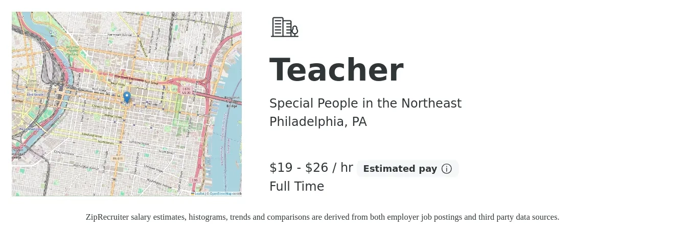 Special People in the Northeast job posting for a Teacher in Philadelphia, PA with a salary of $20 to $27 Hourly with a map of Philadelphia location.