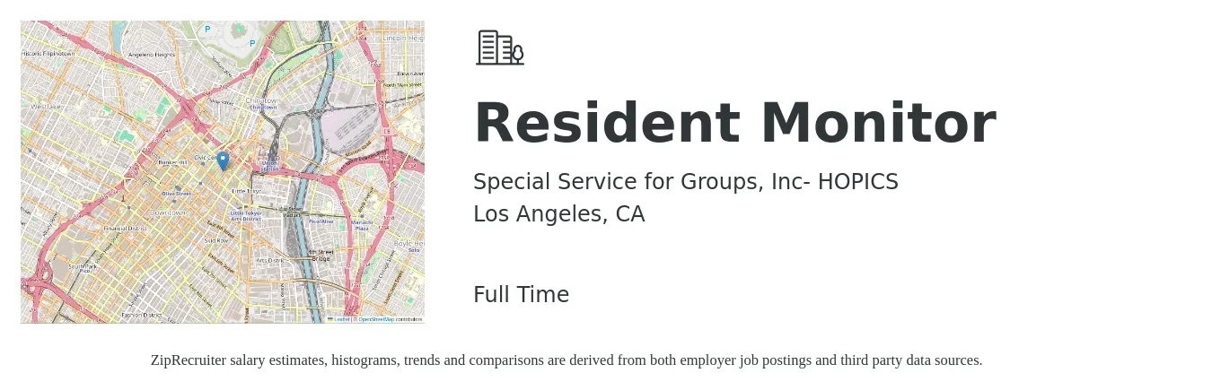 Special Service for Groups, Inc- HOPICS job posting for a Resident Monitor in Los Angeles, CA with a salary of $22 to $24 Hourly with a map of Los Angeles location.