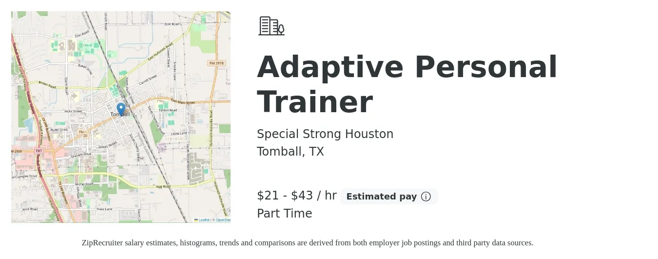 Special Strong Houston job posting for a Adaptive Personal Trainer in Tomball, TX with a salary of $22 to $45 Hourly with a map of Tomball location.