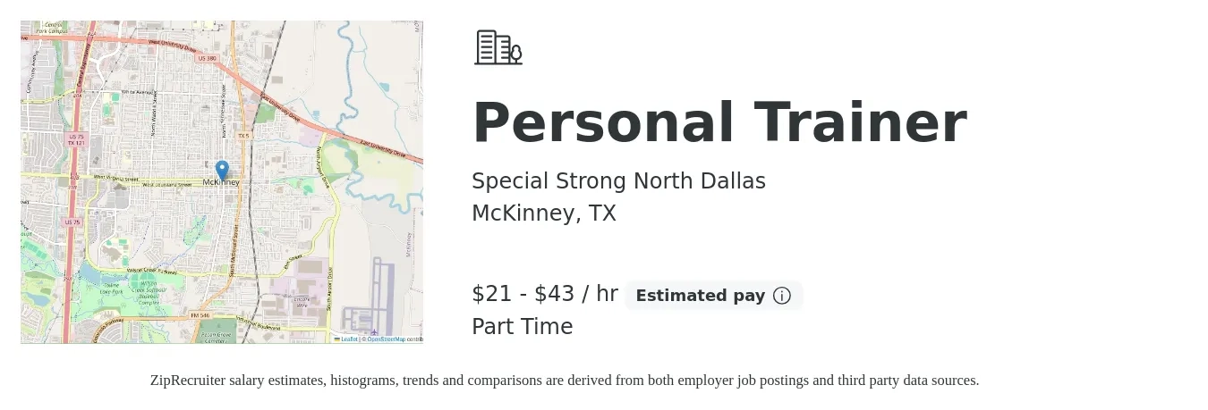 Special Strong North Dallas job posting for a Personal Trainer in McKinney, TX with a salary of $22 to $45 Hourly with a map of McKinney location.