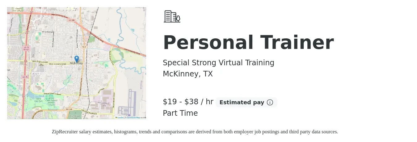 Special Strong Virtual Training job posting for a Personal Trainer in McKinney, TX with a salary of $20 to $40 Hourly with a map of McKinney location.