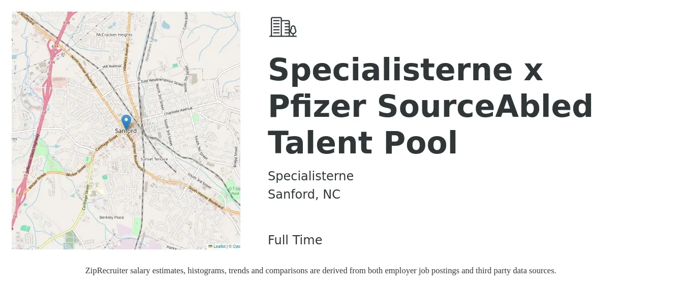 Specialisterne job posting for a Specialisterne x Pfizer SourceAbled Talent Pool in Sanford, NC with a salary of $39,500 to $68,100 Yearly with a map of Sanford location.