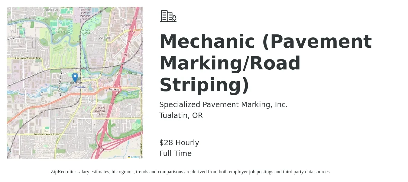 Specialized Pavement Marking, Inc. job posting for a Mechanic (Pavement Marking/Road Striping) in Tualatin, OR with a salary of $30 Hourly with a map of Tualatin location.