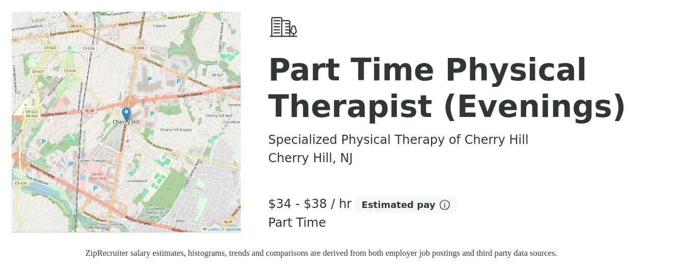 Specialized Physical Therapy of Cherry Hill job posting for a Part Time Physical Therapist (Evenings) in Cherry Hill, NJ with a salary of $36 to $40 Hourly with a map of Cherry Hill location.
