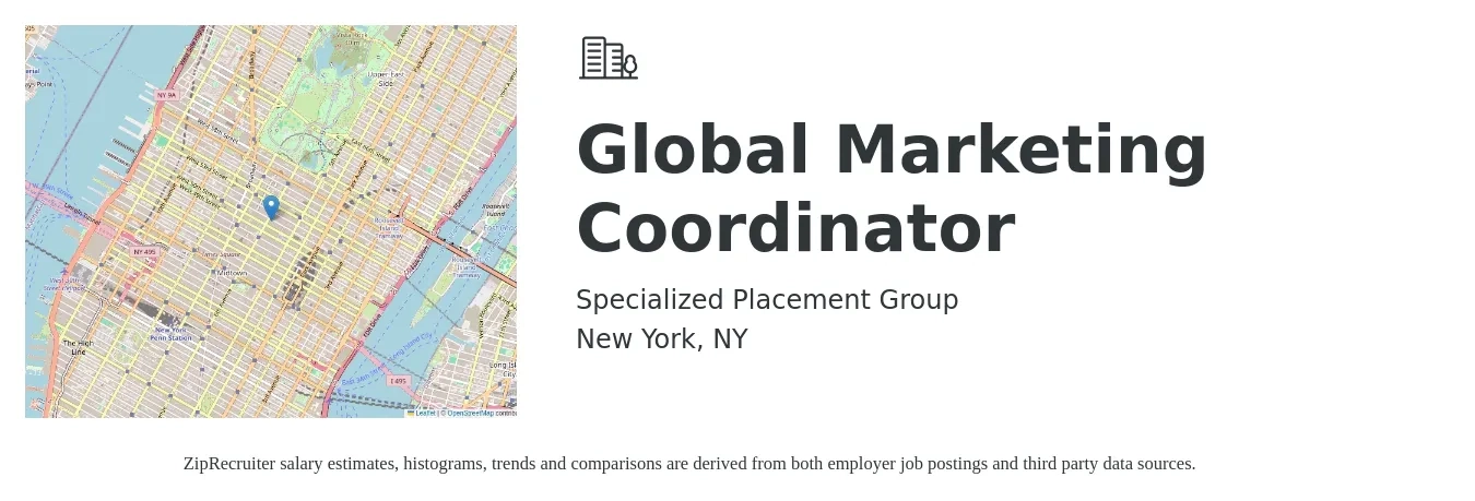 Specialized Placement Group job posting for a Global Marketing Coordinator in New York, NY with a salary of $45,000 to $58,000 Yearly and benefits including dental, life_insurance, medical, pto, retirement, and vision with a map of New York location.