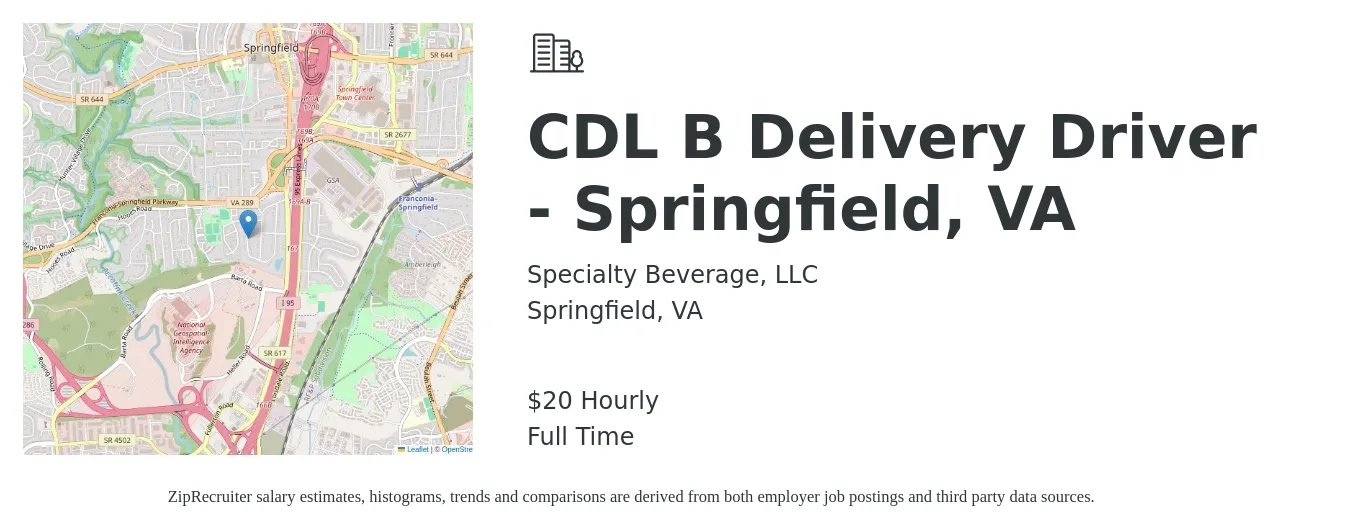 Specialty Beverage, LLC job posting for a CDL B Delivery Driver - Springfield, VA in Springfield, VA with a salary of $21 Hourly with a map of Springfield location.