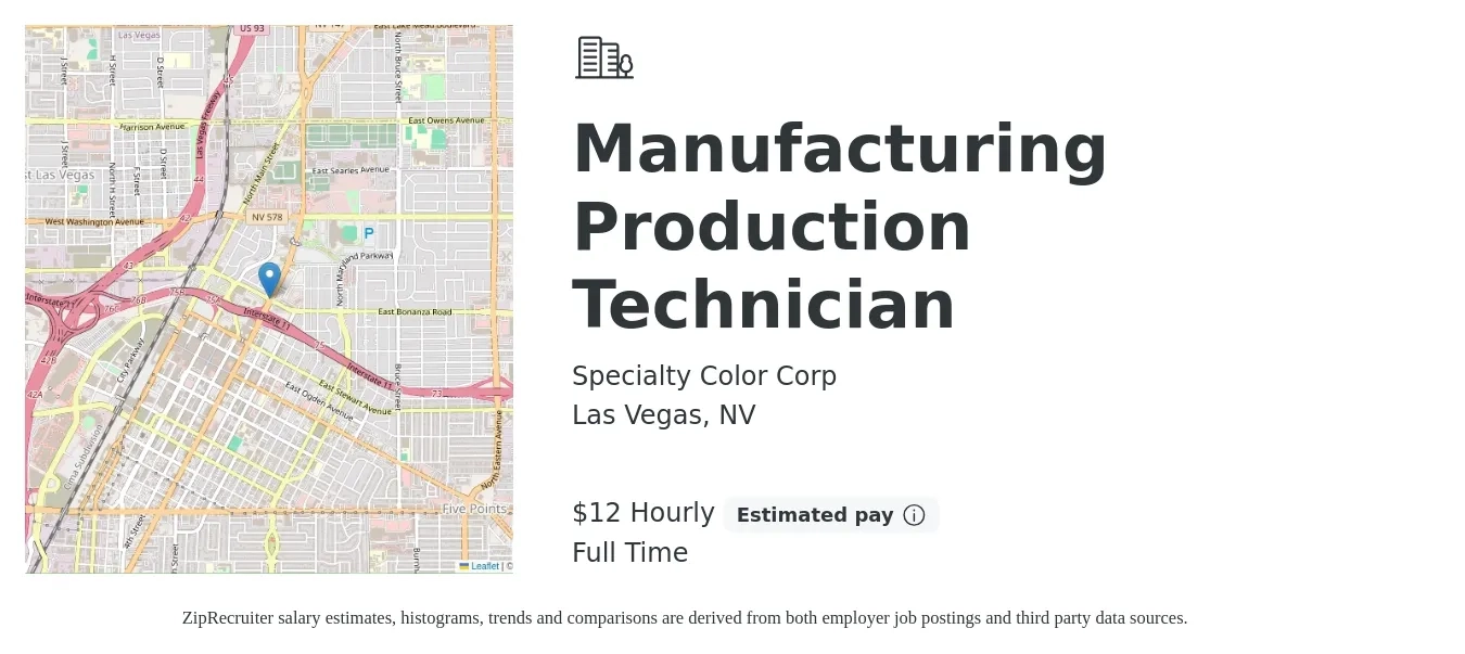 Specialty Color Corp job posting for a Manufacturing Production Technician in Las Vegas, NV with a salary of $13 Hourly with a map of Las Vegas location.