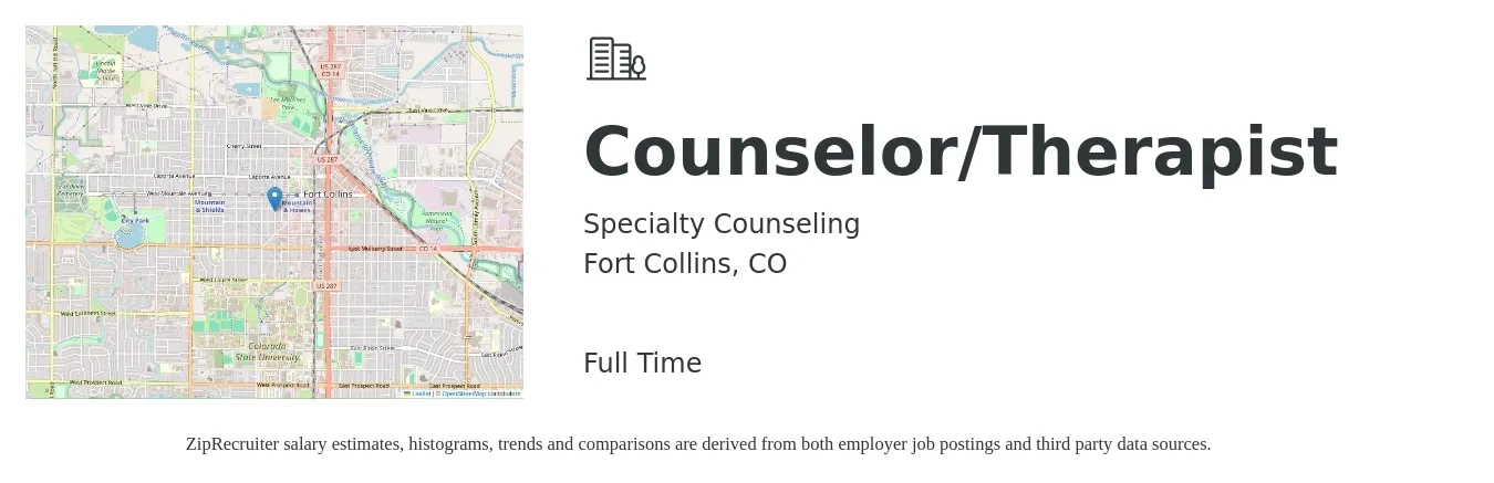 Specialty Counseling job posting for a Counselor/Therapist in Fort Collins, CO with a salary of $40 to $45 Hourly with a map of Fort Collins location.