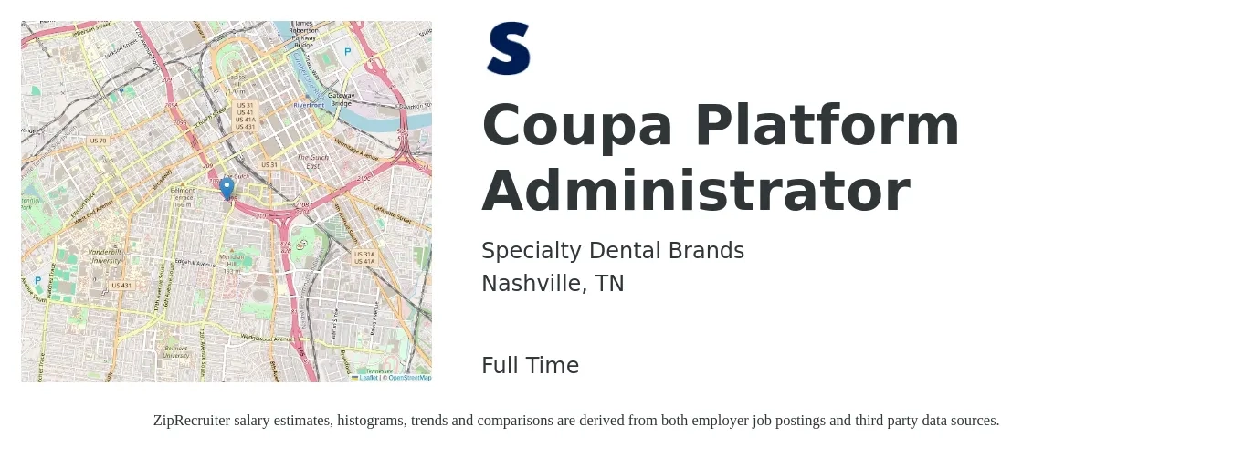 Specialty Dental Brands job posting for a Coupa Platform Administrator in Nashville, TN with a salary of $65,900 to $101,000 Yearly with a map of Nashville location.