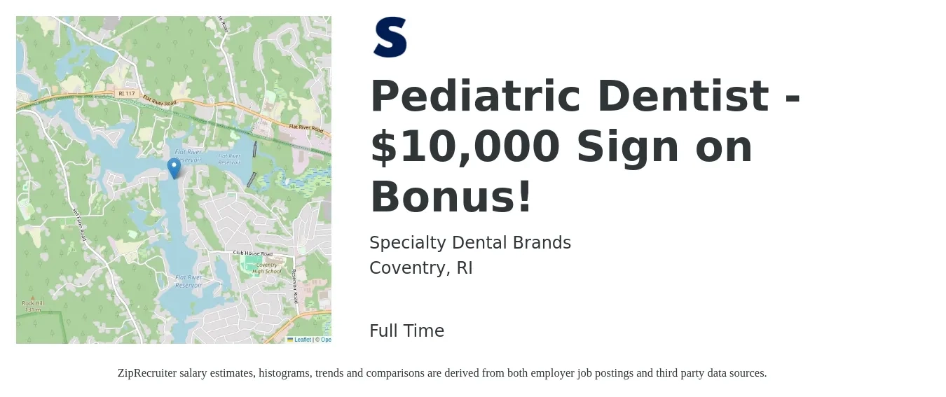 Specialty Dental Brands job posting for a Pediatric Dentist - $10,000 Sign on Bonus! in Coventry, RI with a salary of $233,500 to $325,500 Yearly with a map of Coventry location.
