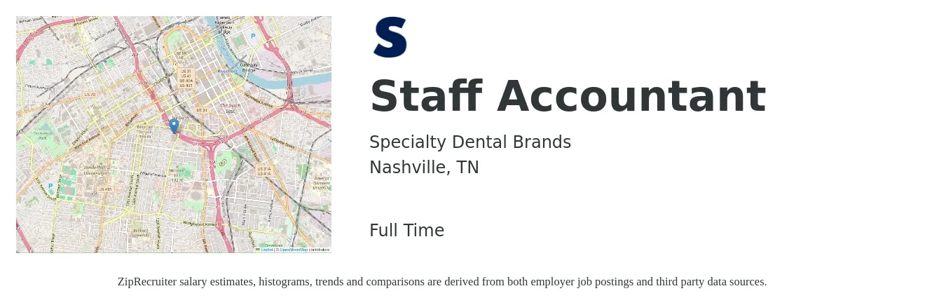 Specialty Dental Brands job posting for a Staff Accountant in Nashville, TN with a salary of $52,200 to $68,800 Yearly with a map of Nashville location.
