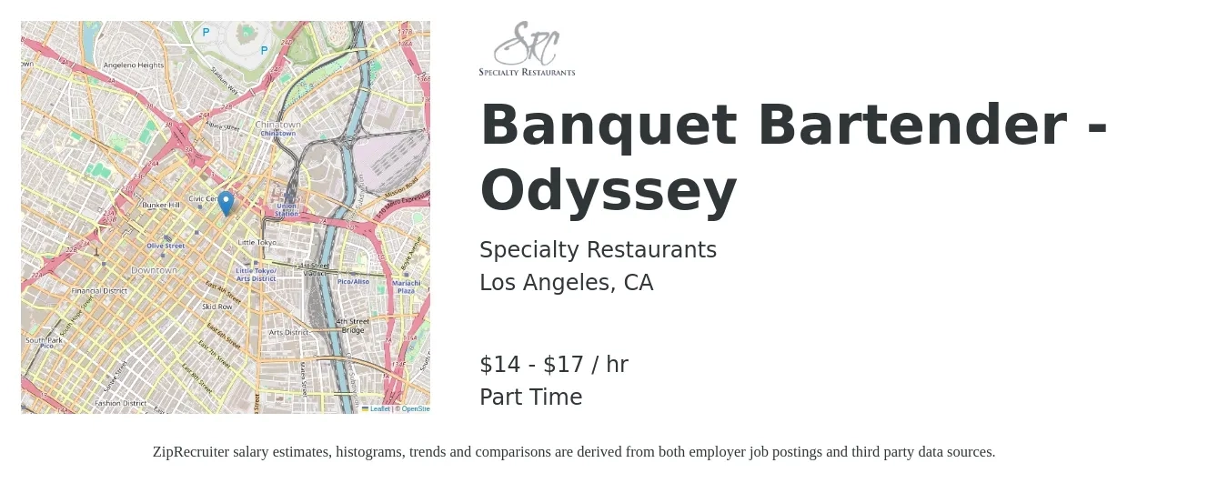 Specialty Restaurants job posting for a Banquet Bartender - Odyssey in Los Angeles, CA with a salary of $16 to $18 Hourly with a map of Los Angeles location.
