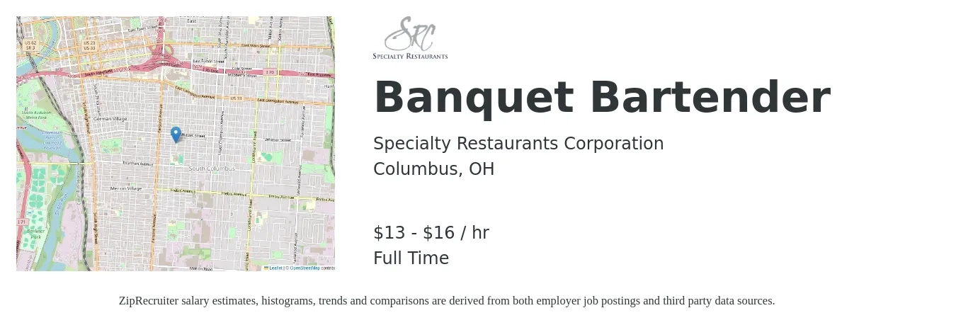 Specialty Restaurants Corporation job posting for a Banquet Bartender in Columbus, OH with a salary of $14 to $17 Hourly with a map of Columbus location.
