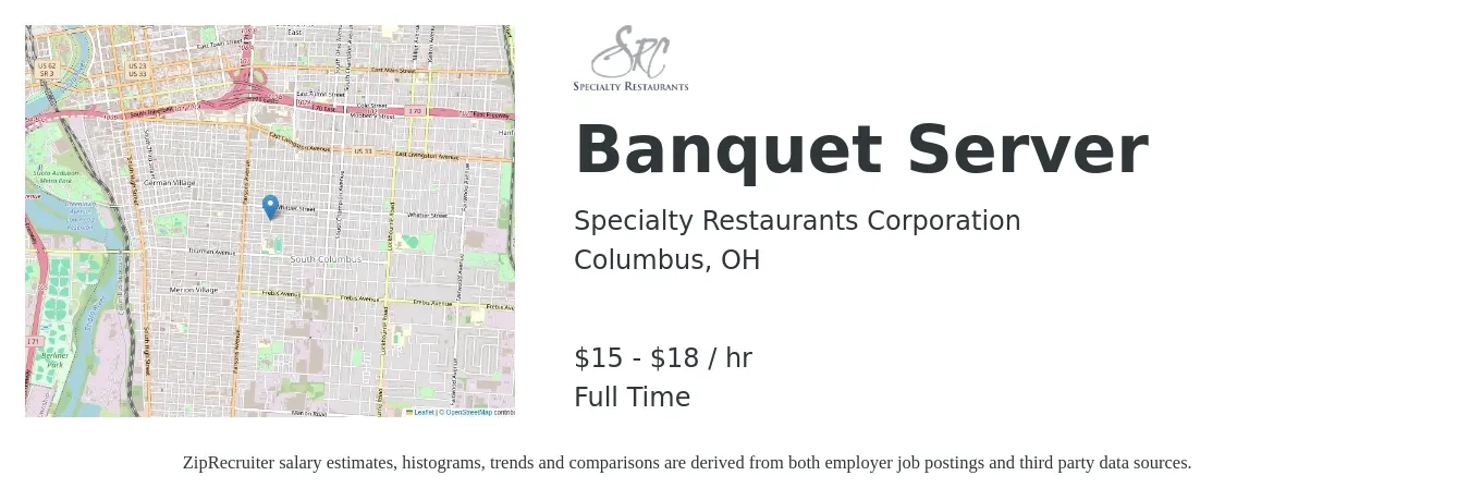 Specialty Restaurants Corporation job posting for a Banquet Server in Columbus, OH with a salary of $16 to $19 Hourly with a map of Columbus location.