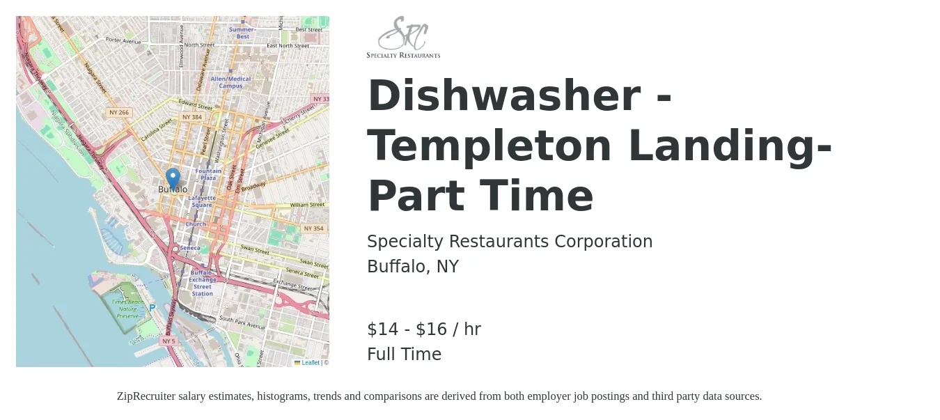 Specialty Restaurants Corporation job posting for a Dishwasher - Templeton Landing-Part Time in Buffalo, NY with a salary of $15 to $17 Hourly with a map of Buffalo location.