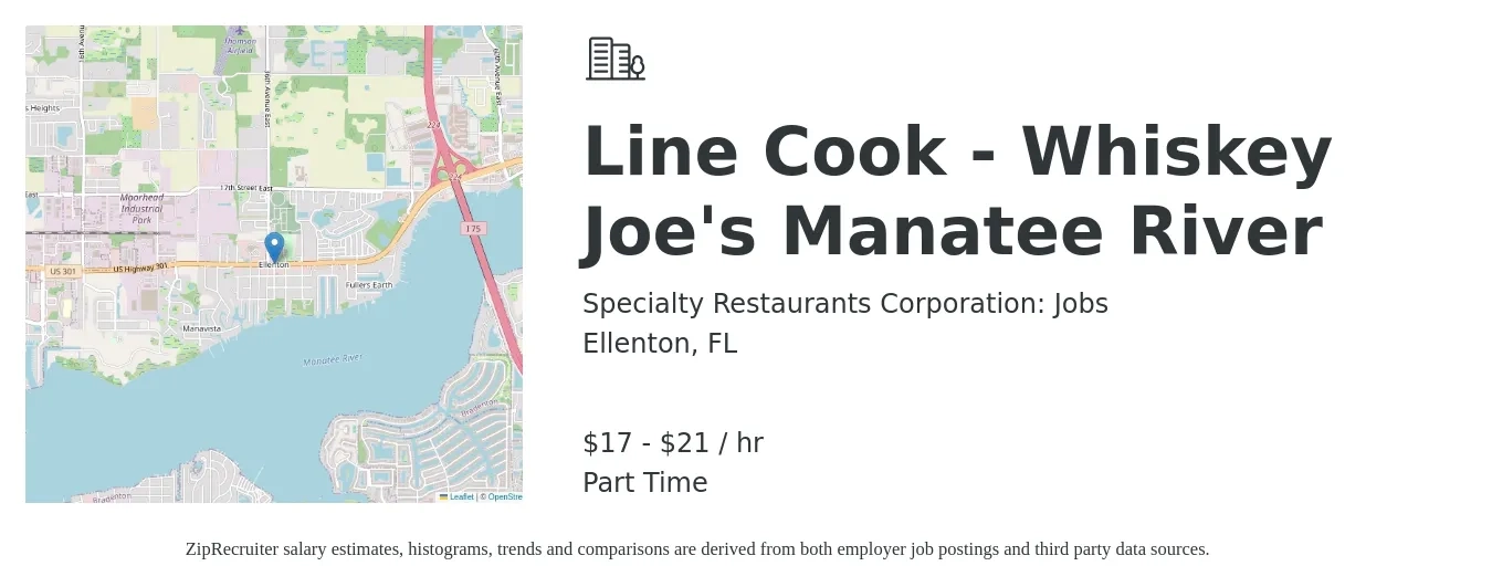 Specialty Restaurants Corporation: Jobs job posting for a Line Cook - Whiskey Joe's Manatee River in Ellenton, FL with a salary of $18 to $22 Hourly with a map of Ellenton location.
