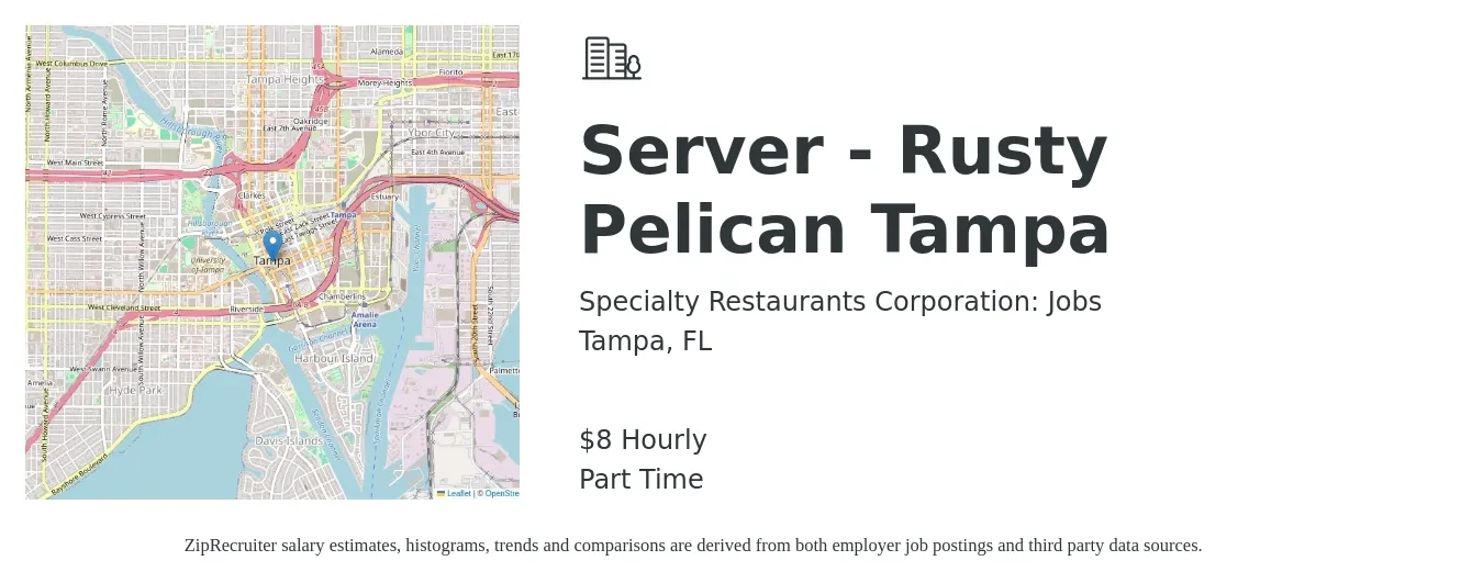 Specialty Restaurants Corporation: Jobs job posting for a Server - Rusty Pelican Tampa in Tampa, FL with a salary of $9 Hourly with a map of Tampa location.