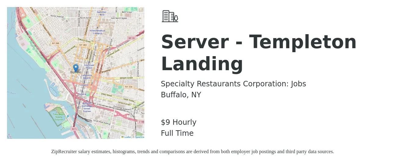 Specialty Restaurants Corporation: Jobs job posting for a Server - Templeton Landing in Buffalo, NY with a salary of $10 Hourly with a map of Buffalo location.