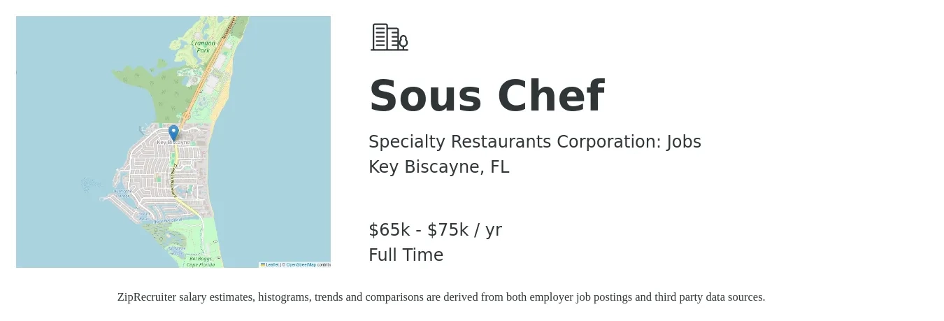 Specialty Restaurants Corporation: Jobs job posting for a Sous Chef in Key Biscayne, FL with a salary of $65,000 to $75,000 Yearly with a map of Key Biscayne location.