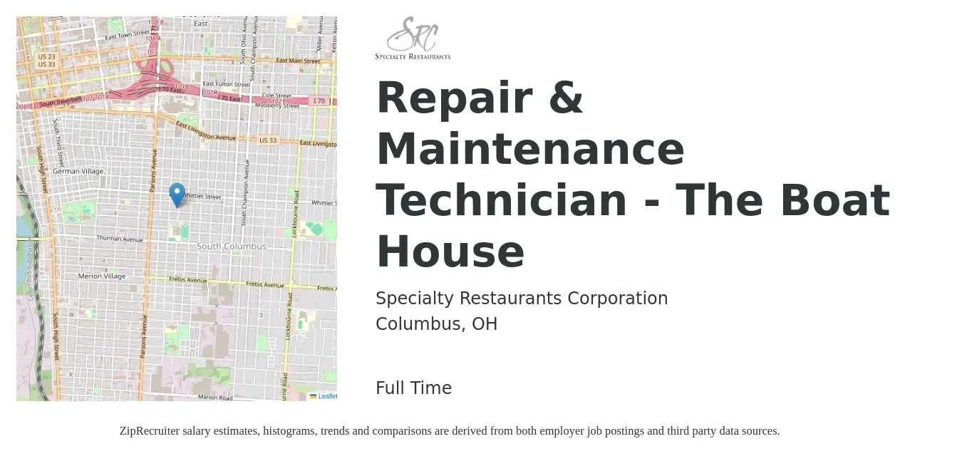 Specialty Restaurants Corporation job posting for a Repair & Maintenance Technician - The Boat House in Columbus, OH with a salary of $18 to $26 Hourly with a map of Columbus location.