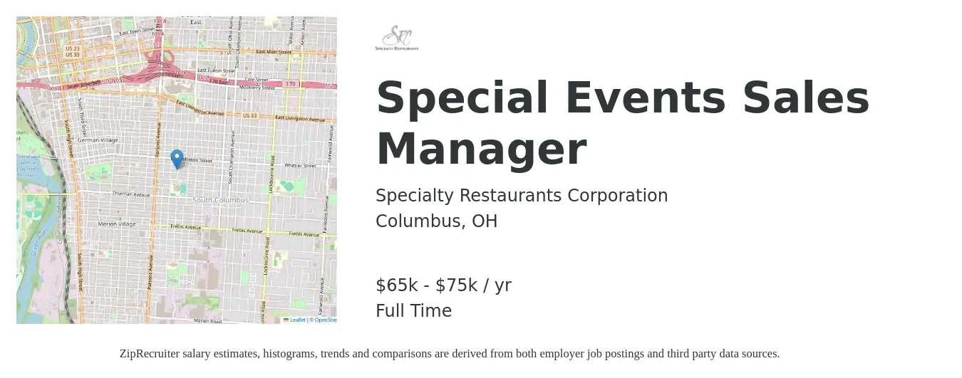 Specialty Restaurants Corporation job posting for a Special Events Sales Manager in Columbus, OH with a salary of $65,000 to $75,000 Yearly with a map of Columbus location.
