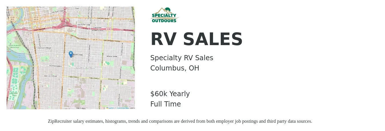 Specialty RV Sales job posting for a RV SALES in Columbus, OH with a salary of $60,000 Yearly with a map of Columbus location.