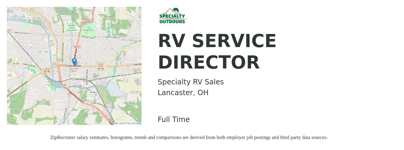 Specialty RV Sales job posting for a RV SERVICE DIRECTOR in Lancaster, OH with a salary of $71,700 to $109,600 Yearly with a map of Lancaster location.