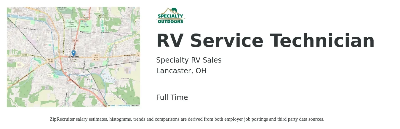 Specialty RV Sales job posting for a RV Service Technician in Lancaster, OH with a salary of $17 to $26 Hourly with a map of Lancaster location.