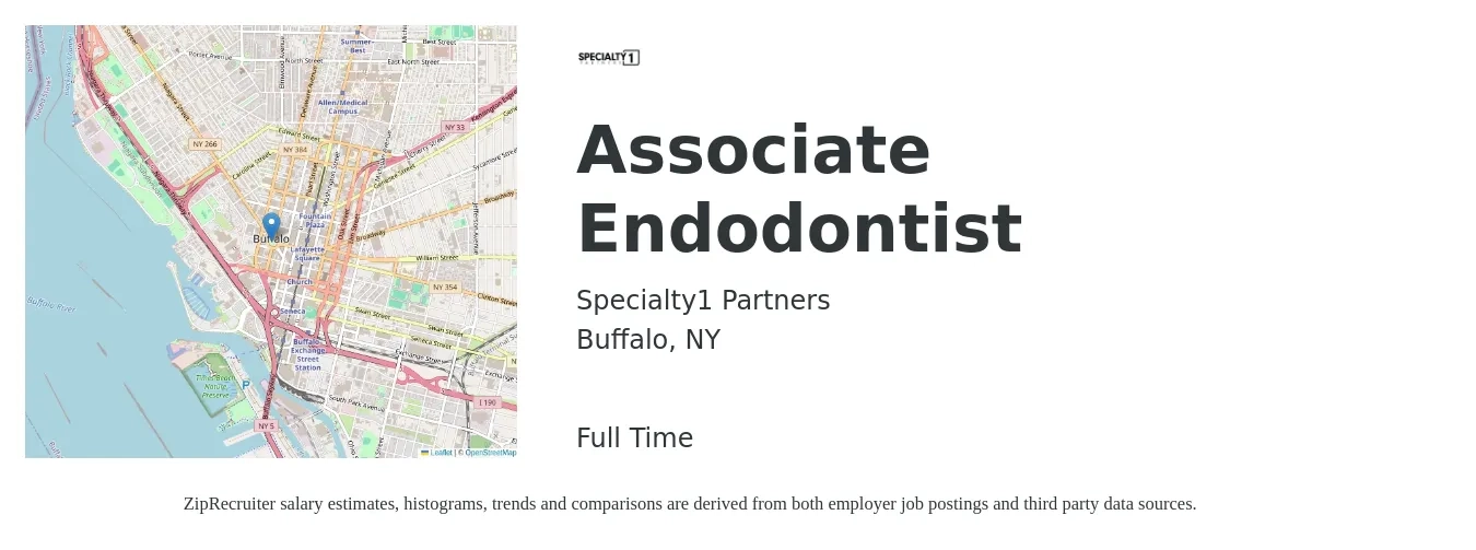 Specialty1 Partners job posting for a Associate Endodontist in Buffalo, NY with a salary of $96,900 to $344,400 Yearly with a map of Buffalo location.