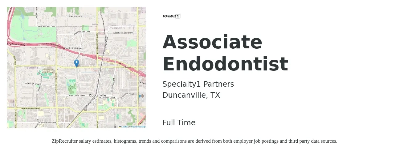 Specialty1 Partners job posting for a Associate Endodontist in Duncanville, TX with a salary of $91,000 to $323,500 Yearly with a map of Duncanville location.
