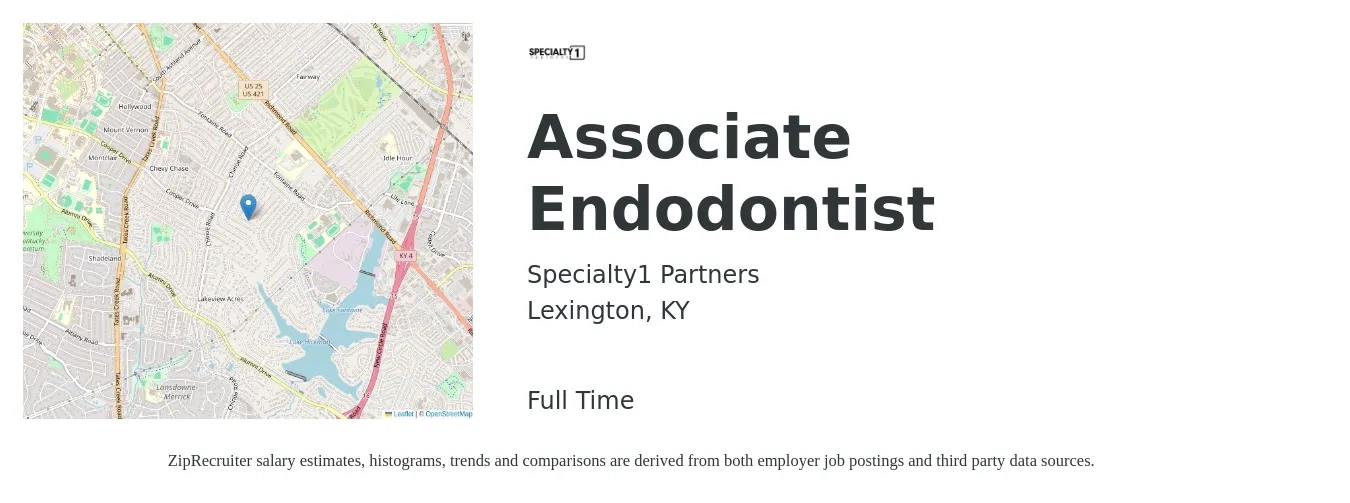 Specialty1 Partners job posting for a Associate Endodontist in Lexington, KY with a salary of $99,400 to $353,300 Yearly with a map of Lexington location.
