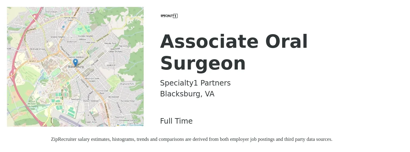 Specialty1 Partners job posting for a Associate Oral Surgeon in Blacksburg, VA with a salary of $265,800 to $350,900 Yearly with a map of Blacksburg location.