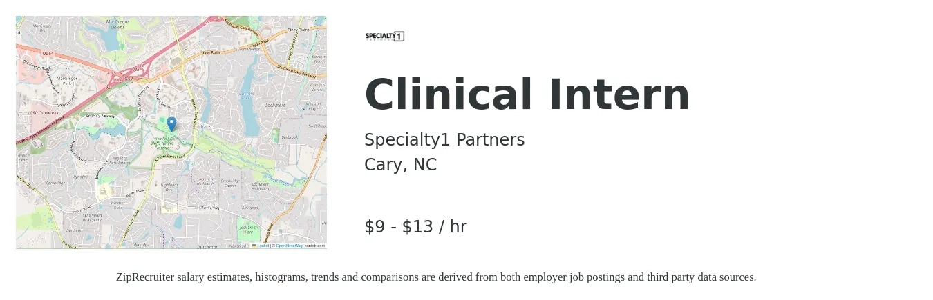 Specialty1 Partners job posting for a Clinical Intern in Cary, NC with a salary of $10 to $14 Hourly with a map of Cary location.