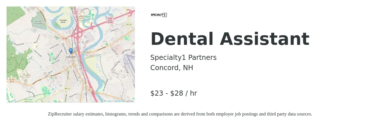 Specialty1 Partners job posting for a Dental Assistant in Concord, NH with a salary of $24 to $30 Hourly with a map of Concord location.