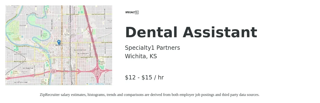 Specialty1 Partners job posting for a Dental Assistant in Wichita, KS with a salary of $14 to $16 Hourly with a map of Wichita location.