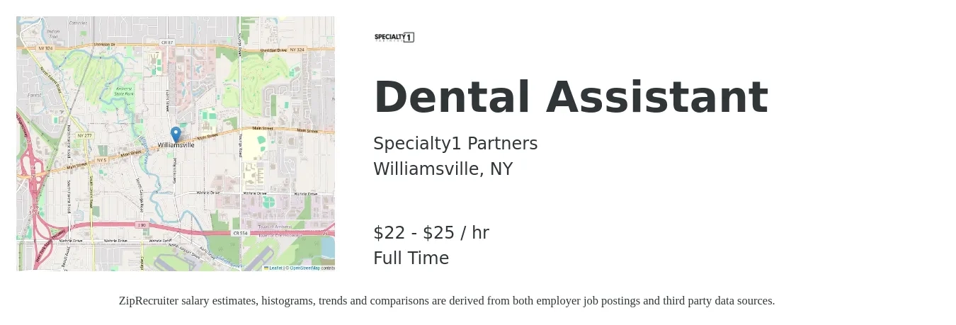 Specialty1 Partners job posting for a Dental Assistant in Williamsville, NY with a salary of $23 to $27 Hourly with a map of Williamsville location.