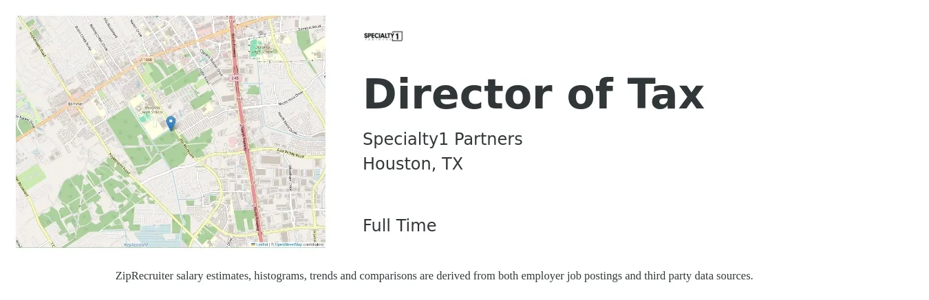 Specialty1 Partners job posting for a Director of Tax in Houston, TX with a salary of $150,400 to $211,500 Yearly with a map of Houston location.