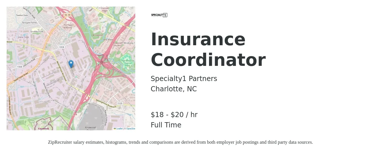 Specialty1 Partners job posting for a Insurance Coordinator in Charlotte, NC with a salary of $19 to $21 Hourly with a map of Charlotte location.