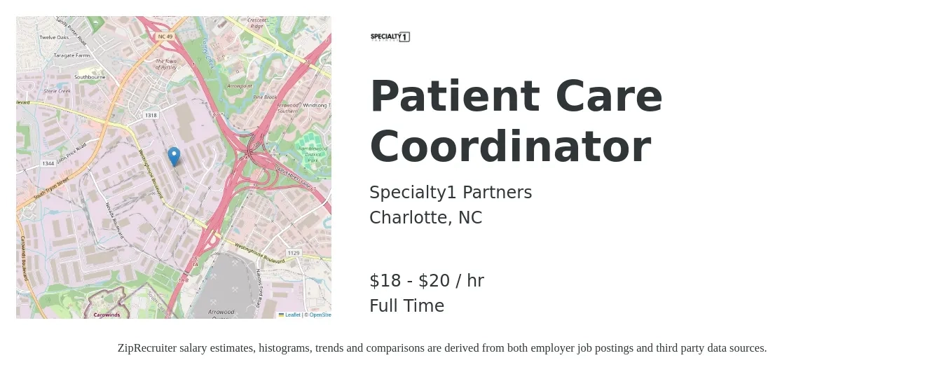 Specialty1 Partners job posting for a Patient Care Coordinator in Charlotte, NC with a salary of $41,600 to $52,000 Yearly with a map of Charlotte location.