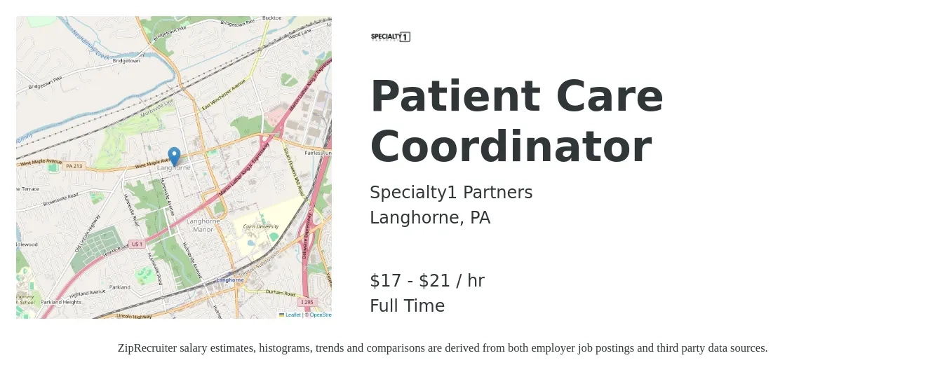Specialty1 Partners job posting for a Patient Care Coordinator in Langhorne, PA with a salary of $18 to $22 Hourly with a map of Langhorne location.