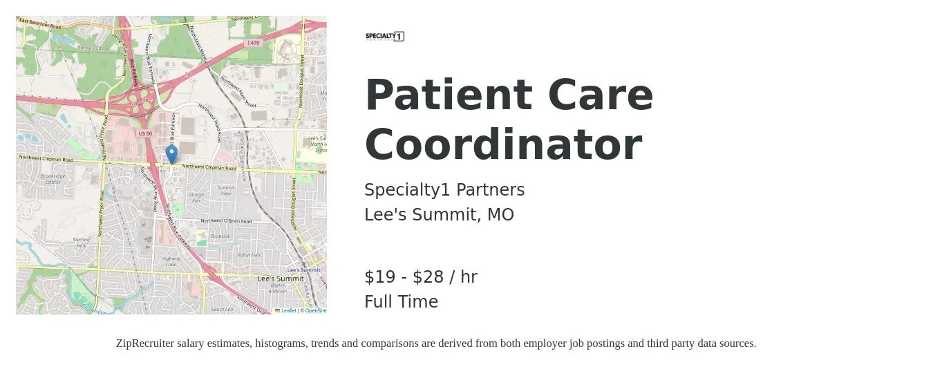 Specialty1 Partners job posting for a Patient Care Coordinator in Lee's Summit, MO with a salary of $18 to $26 Hourly with a map of Lee's Summit location.