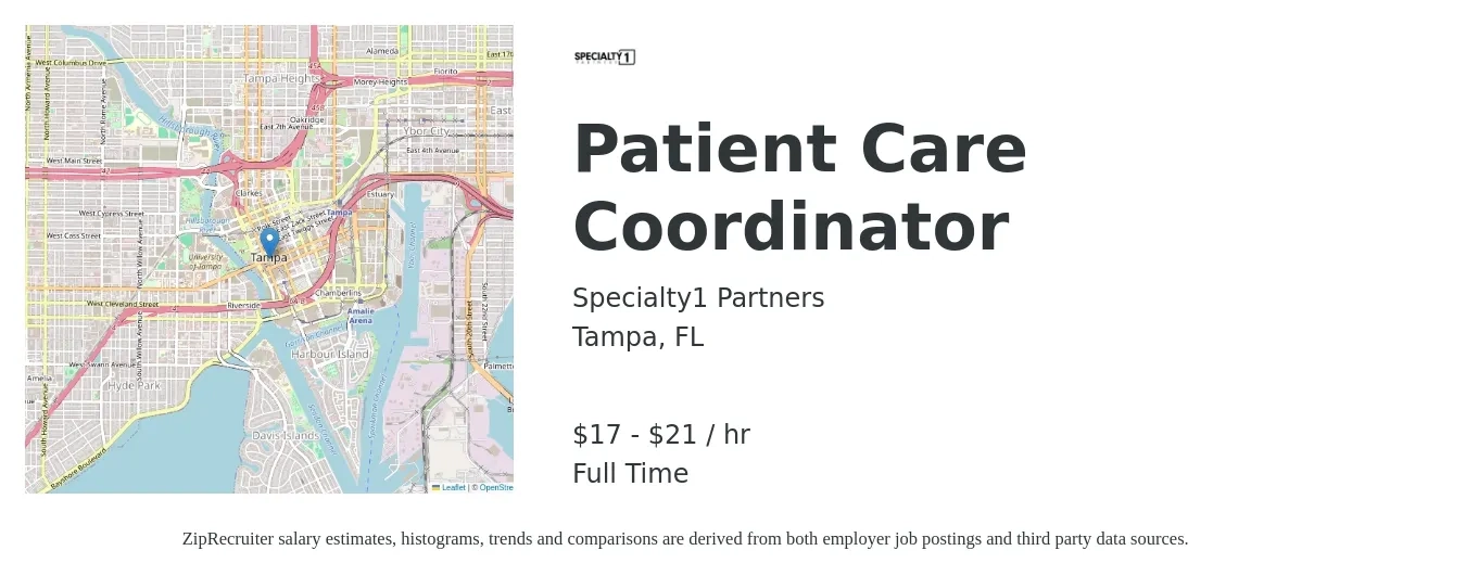 Specialty1 Partners job posting for a Patient Care Coordinator in Tampa, FL with a salary of $18 to $22 Hourly with a map of Tampa location.