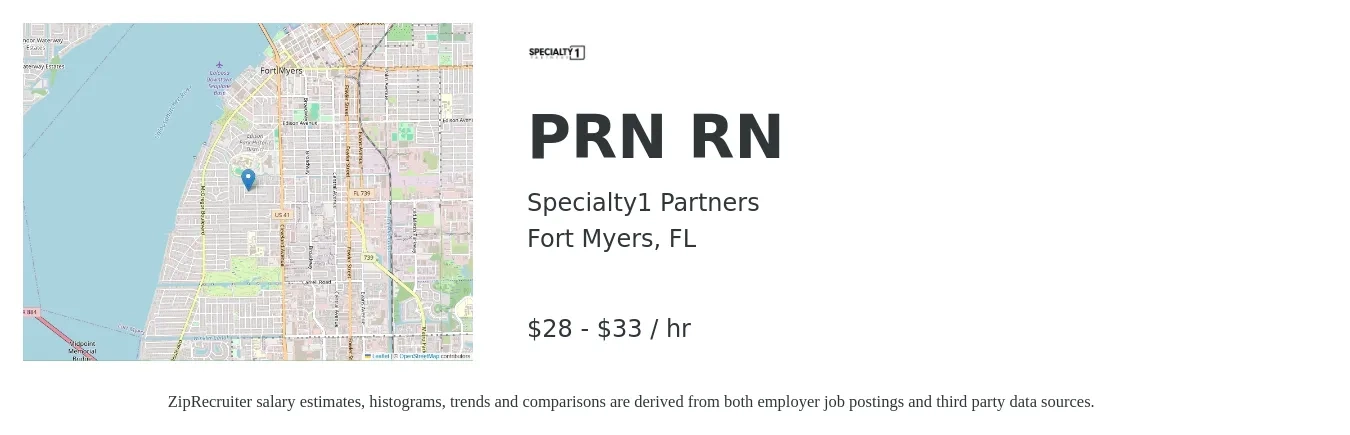 Specialty1 Partners job posting for a PRN RN in Fort Myers, FL with a salary of $30 to $35 Hourly with a map of Fort Myers location.