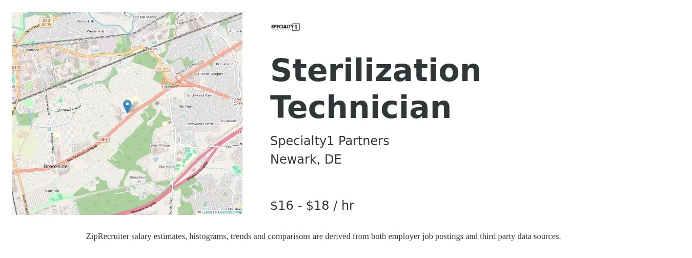 Specialty1 Partners job posting for a Sterilization Technician in Newark, DE with a salary of $17 to $19 Hourly with a map of Newark location.