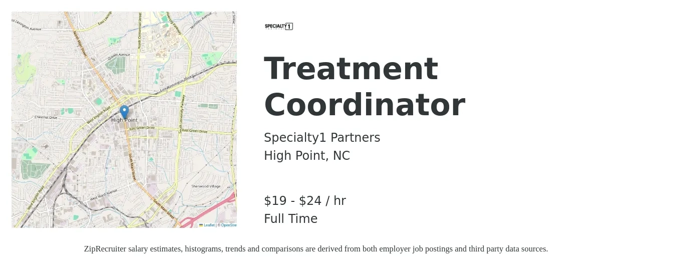 Specialty1 Partners job posting for a Treatment Coordinator in High Point, NC with a salary of $20 to $24 Hourly with a map of High Point location.