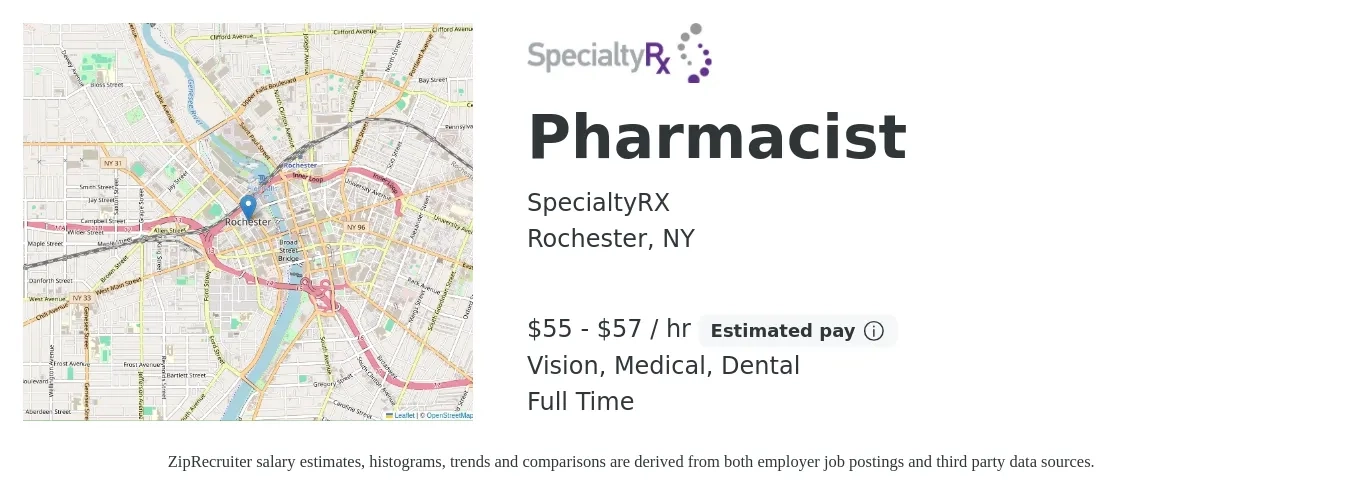 SpecialtyRX job posting for a Pharmacist in Rochester, NY with a salary of $58 to $60 Hourly and benefits including dental, life_insurance, medical, pto, retirement, and vision with a map of Rochester location.