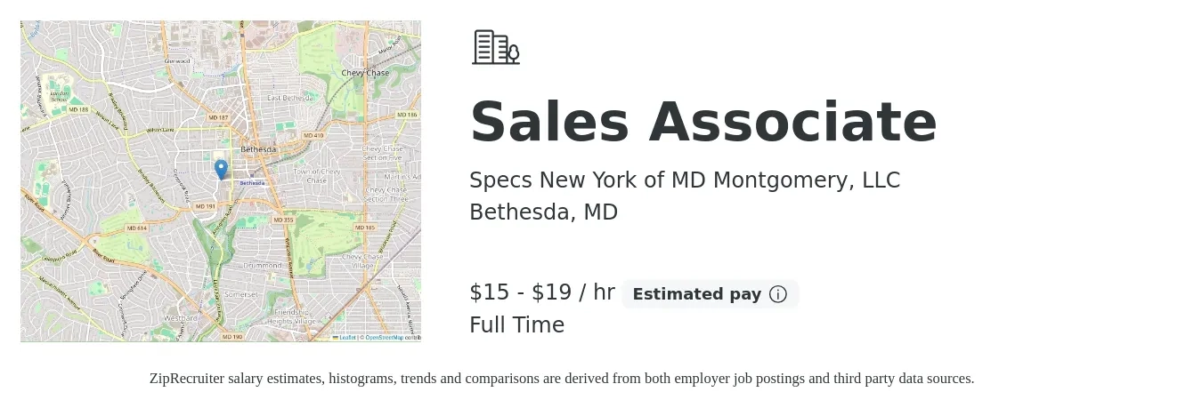 Specs New York of MD Montgomery, LLC job posting for a Sales Associate in Bethesda, MD with a salary of $16 to $20 Hourly (plus commission) with a map of Bethesda location.