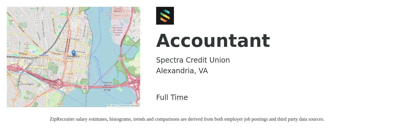 Spectra Credit Union job posting for a Accountant in Alexandria, VA with a salary of $52,100 to $76,400 Yearly with a map of Alexandria location.